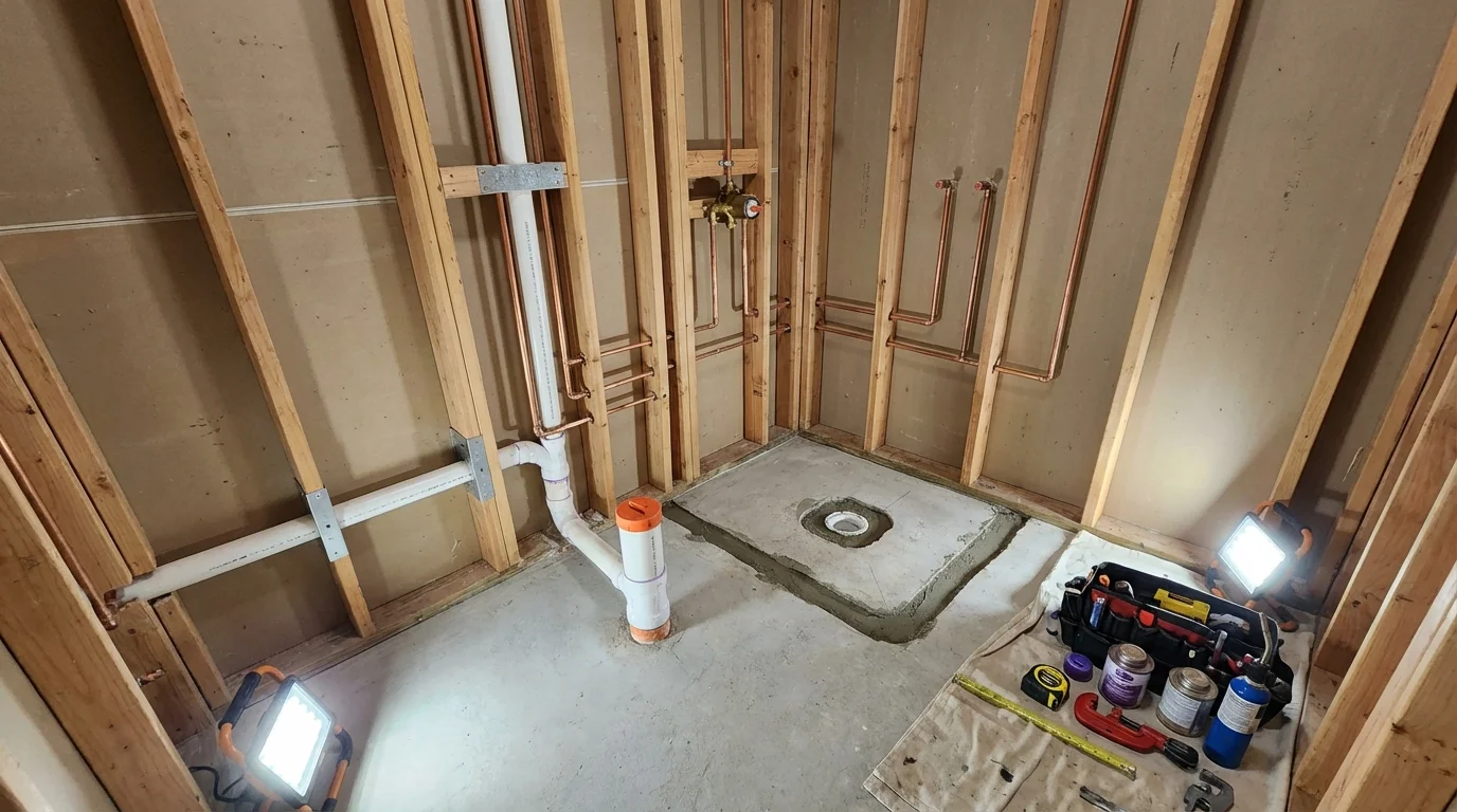 Bathroom rough-in plumbing during remodel by Johns Plumbing LLC in Niceville
