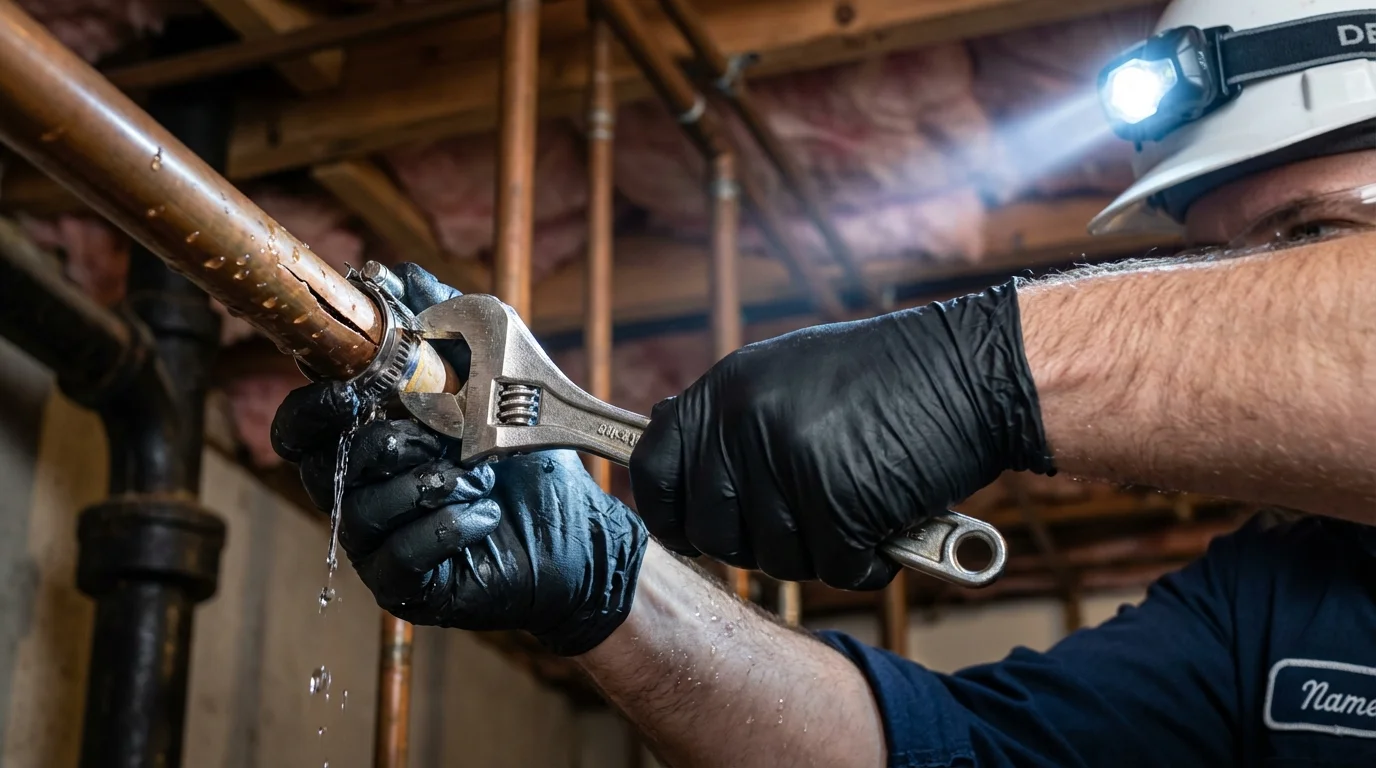 Emergency pipe clamp repair being performed by a Johns Plumbing LLC plumber in Niceville