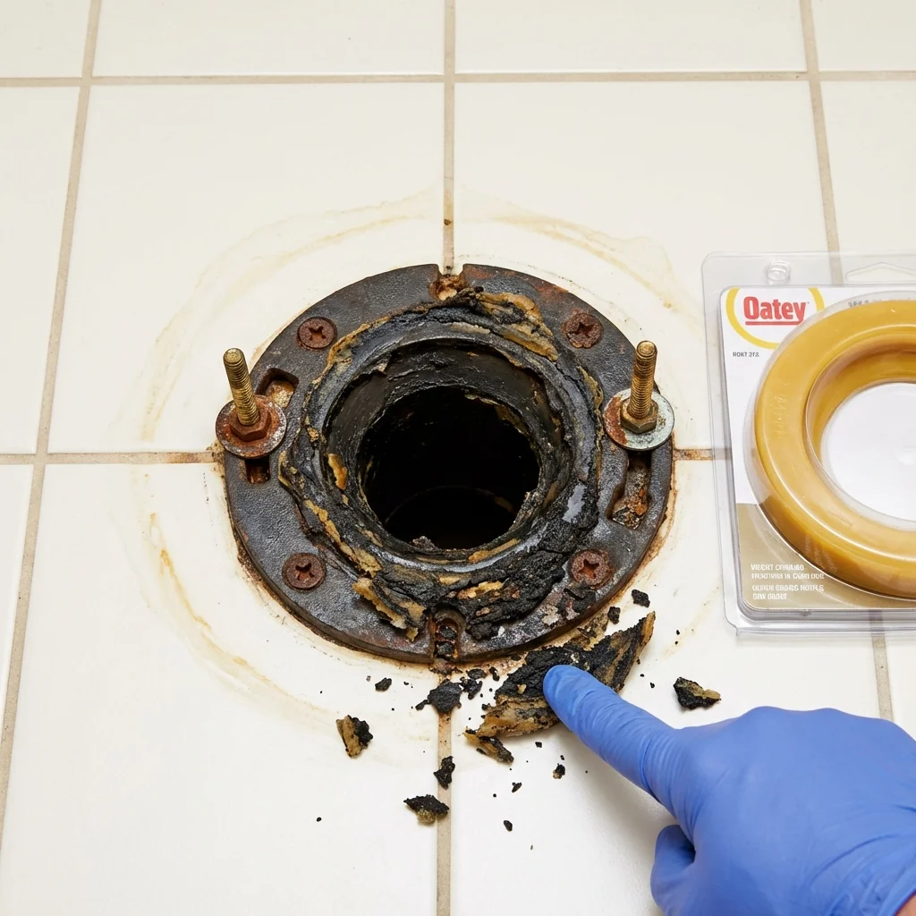 Failed wax ring showing water seepage at the base of a toilet in a Niceville, FL home